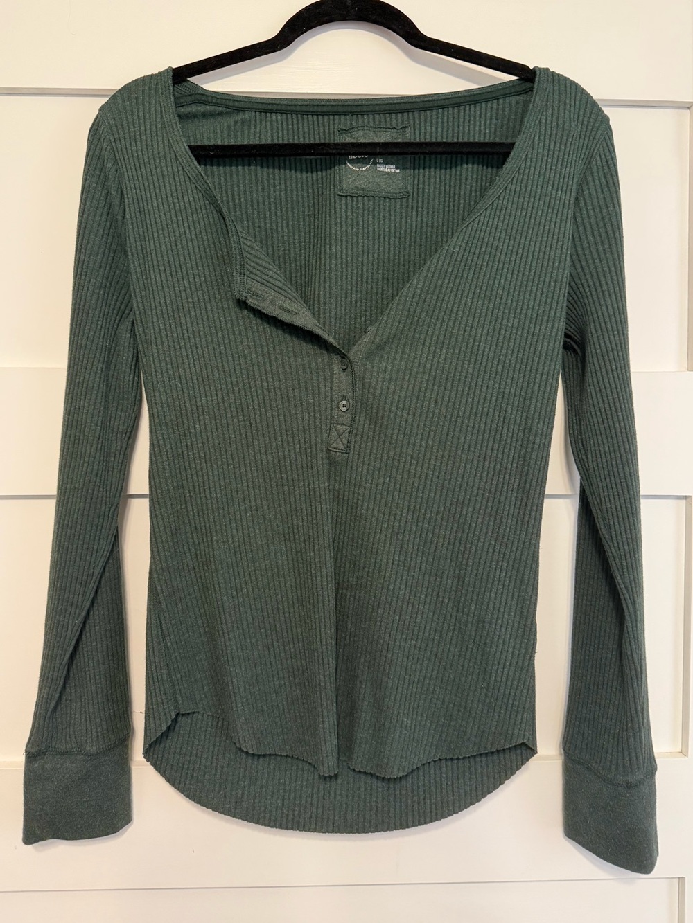 Aerie Green Ribbed Waffle Henley Top NWT